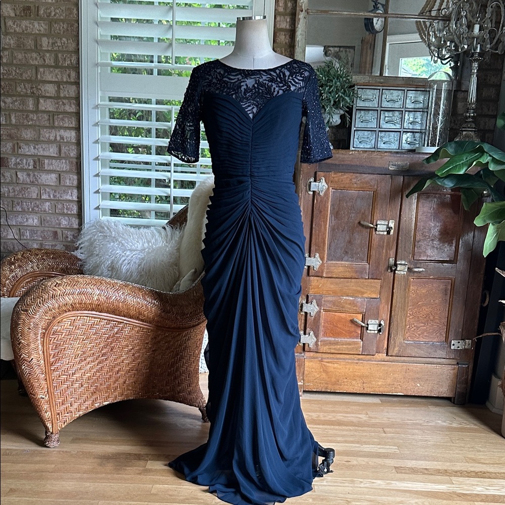 Tadashi Shoji Navy Lace Bodice Ruched Maxi Gown